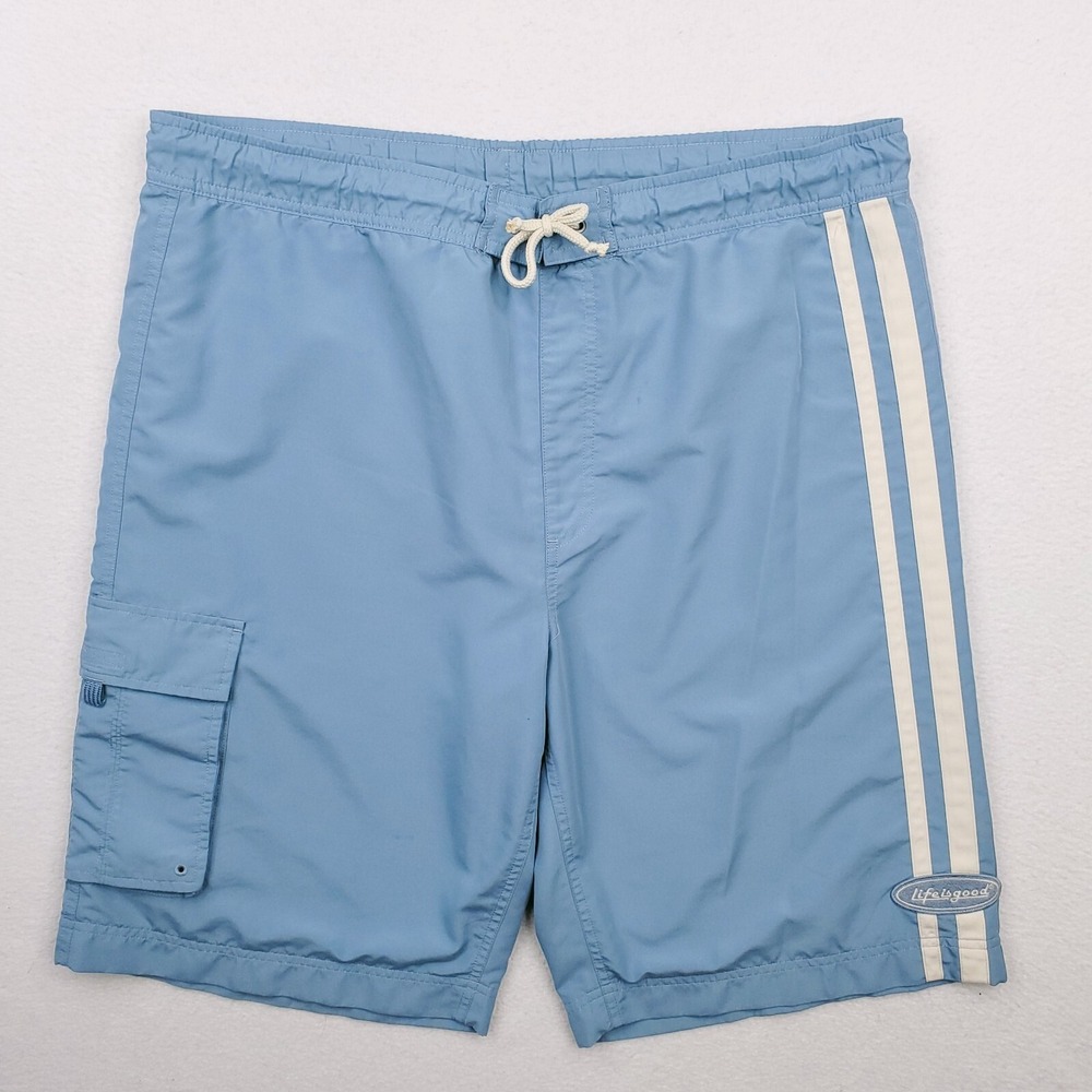 Life Is Good Board Shorts Mens Large Blue White Cargo Swim Trunks Bathing Suit